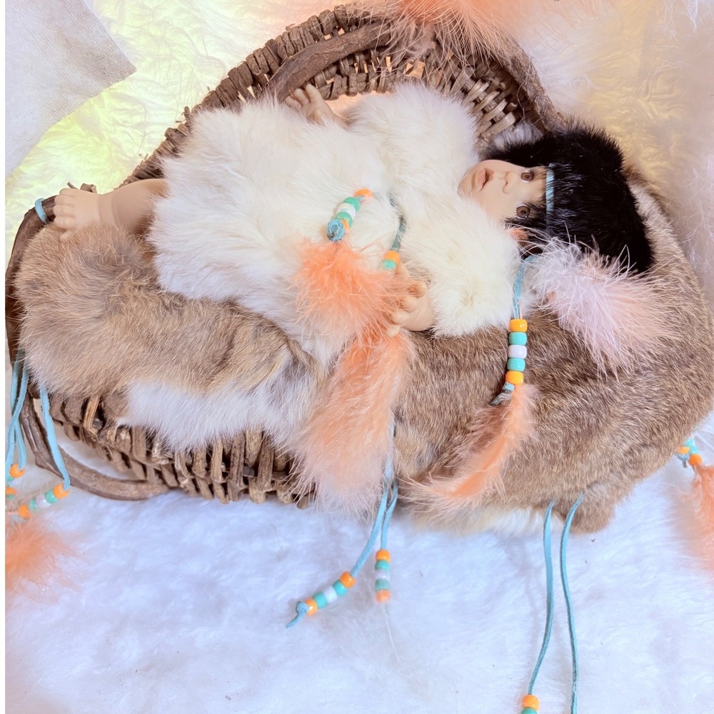 Native American Papoosa Baby Doll Woven Twig Fur Basket Feathers Beads